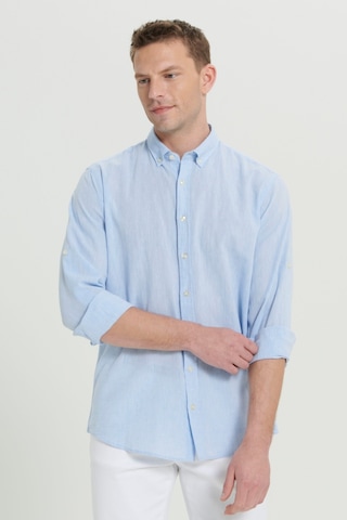 AC&Co / Altınyıldız Classics Erkek Comfort Fit Rahat Kesim Düğmeli Yaka Casual Keten Gömlek Açık Mavi