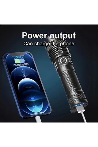 Brightnova Black Ultra Parlak 30w Led Taktik Fener Usb Sarjli Aluminyum Alasim Uzun Menzil Zum Yuksek Kapasiteli Li Ion Pil 400 Lumen Dahili Altın