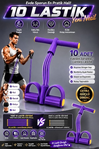 0 Lastikli Spor Aleti Body Trimmer Pilates Direnç Lastiği Karın Kol Bacak Ve Tüm Vücut Çalıştırıcı Pedallı Fitness Spor Aleti Yeni Nesil Mor