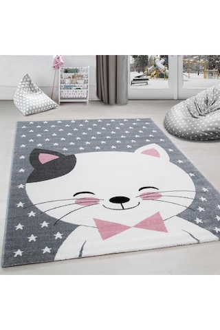 Sevimli Kedi Ve Yıldız Desenli Çocuk Halısı Gri-pembe-beyaz
