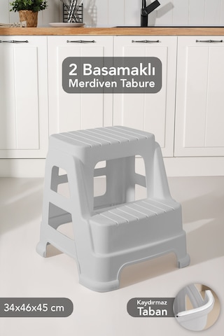 Büyük Boy 2 Basamaklı Merdiven Tabure - Kaydırmaz Tabanlı Çok Amaçlı Basamak Tabure Gri