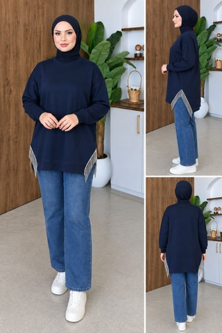 Aymiraa Kadın Püskül Detaylı Rahat Kalıp Tesettür Sweatshirt Tunik Lacivert Lacivert