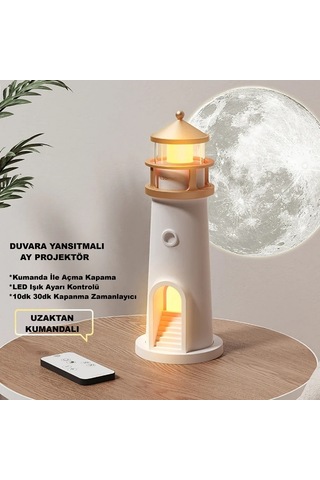 Hymark Deniz Feneri Projektör Ay Led Gece Lambası Kumandalı Kısılabilir Zamanlama Krem Üzeri Gold Patineli