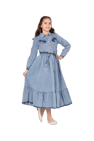 Kız Çocuk Kot Elbise Denim Kumaş Pamuklu Uzun Kot Jean Elbise Buz Mavi