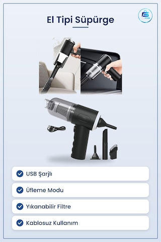 El Tipi Süpürge Mini Usb Şarjlı 3'ü 1 Arada Araç İçi Ev Temizliği