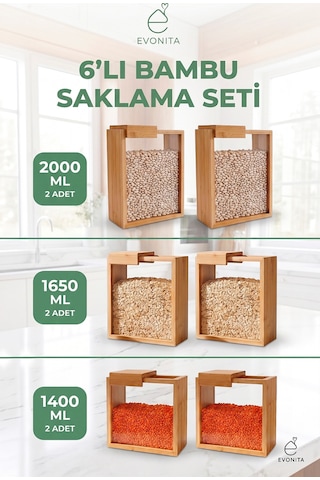 Bambu Kapaklı Erzak Bakliyat Saklama Kabı Mutfak Organizer Tekli Saklama Kutusu 3 Boy 6 Parça Renkli
