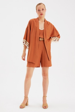 Sateen Kol Detaylı Salaş Keten Kimono - Taba