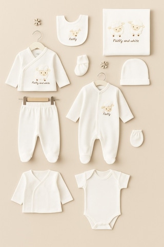 Bebitof Kuzu Desenli 10 Parça Zıbın Seti Yenidoğan Hastane Çıkışı Ekru