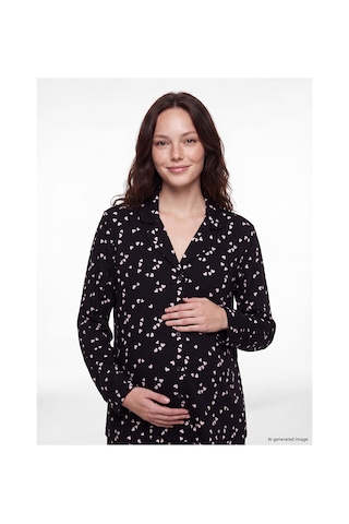 Lcw Dream Siyah Gömlek Yaka Kalp Baskılı Hamile Pijama Takımı