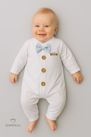Babyden's Mini Boss Papyonlu Erkek Bebek Tulum Düğmeli Tasarım, Uzun Kollu Yenidoğan Tulumu Açık Mavi