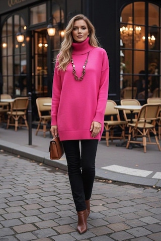 Asprin Fashion Degaje Yaka Triko Bluz Beyaz Pembe + Hediye Kolye Pembe