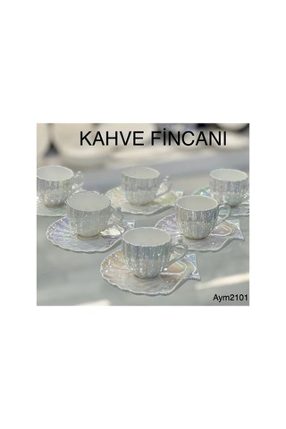 6 Kişilik Sedefli Porselen İncili Fincan Seti Beyaz