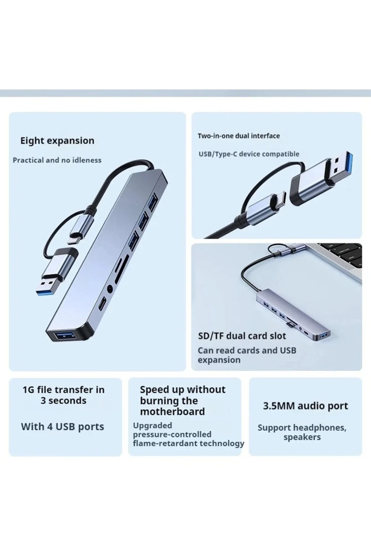 8 İn 2 Dönüştürücü Usb-c & Usb 3.0 Hub Çoklayıcı Usb Type-c Sd/tf Ve Aux Çevirici Güncel Versiyonlu