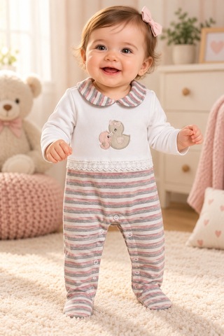 Messlife Ördek Nakışlı Çizgili Kız Bebek Tulumu Beyaz - 929694752 Beyaz