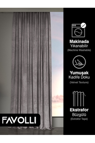 Br Favolli Kadife Dokulu Gümüş Grisi Ada Fon Perde Ekstrafor Büzgülü Dream Series Gümüş Gri
