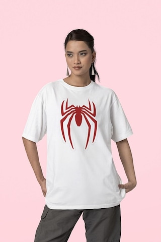 Oversize Film Kahramanı Spider-man Logo Baskılı Unisex Oversize T Beyaz