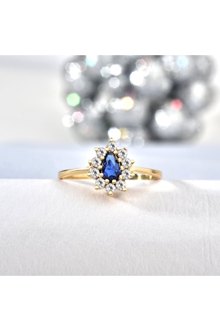 14 Ayar Mikron Altın Kaplama Safir Taşlı Damla Halo Yüzük Vintage Stil - Rs00116 Altın