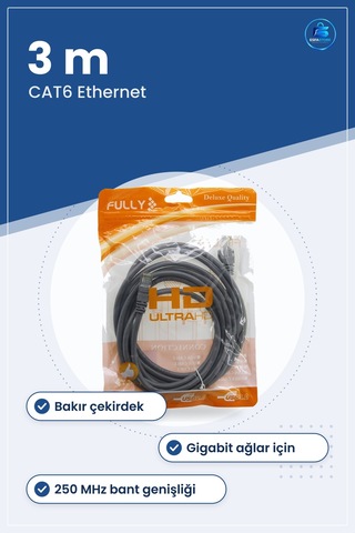 Network Kablosu Cat6 Ethernet 3 M Bakır Çekirdek Pvc Kılıf Gigabi