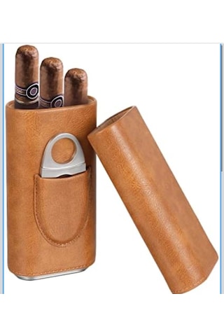 Yüksek Kalite 3 Parmak Humidors Taşınabilir Puro Kutusu Kahverengi Puro Deri Kılıf Puro Kesici