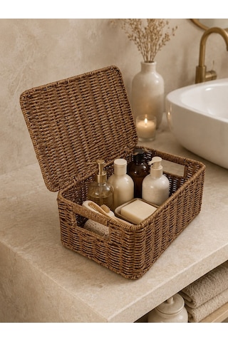 Morponi Rattan Kapaklı Düzenleyici Sepet Çok Amaçlı Banyo Ve Mutfak Organizeri 30x20x12 Cm Tk Sarı