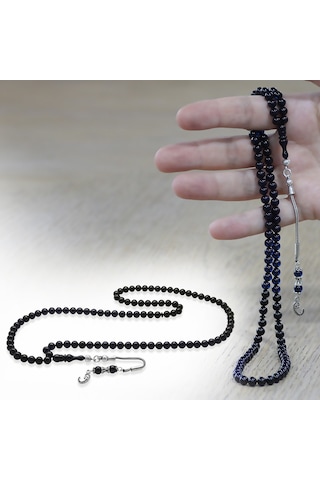 Tesbihname Sıkma Kehribar Namaz Tesbihi - 925 Ayar Gümüş Vav Püsküllü - Süzme Mavi Siyah - Küre Kesim Çok Renkli