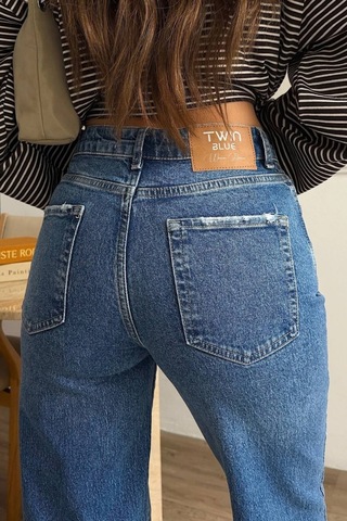 Balenbi Kadın Yüksek Bel Jean Yıkamalı Geniş Paça Palazzo Kot Pantolon 1239 - Premium Seri Orta Açık Mavi 2402