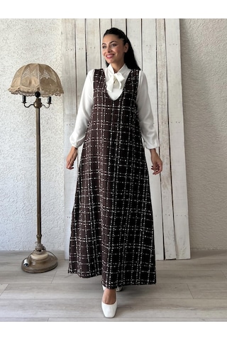 Kahverengi Tüvit A-kesim Jile Elbise Kahverengi