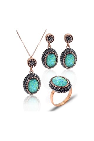 Yeşil Paraiba Ve Swarovski Taşlı 925 Ayar Gümüş Kadın Üçlü Set 201025578