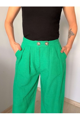 Ali Butik Yeşil Çift Pileli Keten Pantolon Yeşil