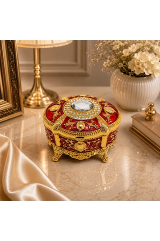 Kristal Taşlı Oval Mücevher Kutusu Kadife İç Kaplamalı Gold İşlemeli Takı Kutusu Dekoratif Saklama Kutusu Kırmızı