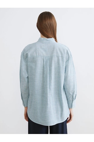 LC Waikiki Yeşil Çizgili Oversize Poplin Kadın Gömlek Tunik Yesil