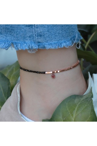 Pembe Kuvars Taşlı Oval Rose Gold Halhal Gümüş