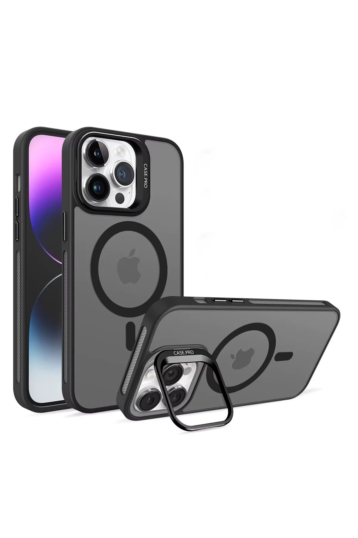 İphone 15 Pro Uyumlu Magsafe Kılıf Mıknatıslı Standlı Darbeye Dayanıklı Mat Şeffaf Arka Kapak Lens li Siyah