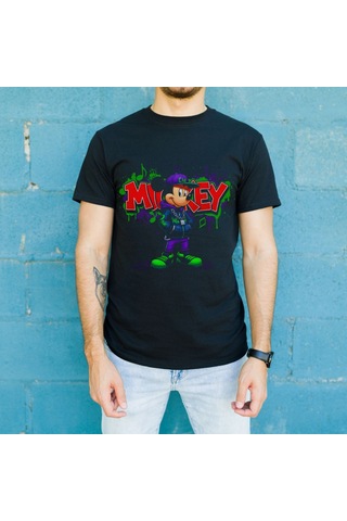 Vinevesta Mickey Mouse Graffiti Baskılı Unisex Siyah Oversize Tişört - 24/1 Penye Çok Renkli