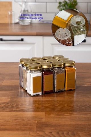 12'li Cam Gold Kapaklı Gold Etiketli 12-li Baharatlık Seti Takımı-mh00gld12 Gold - Şeffaf