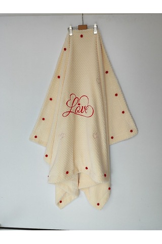 Tv Battaniyesi Love Nakışiı Kalpli Ponponlu Koltuk Şalı Battaniye Hediyelik Örtü Oyun Matı Ekru