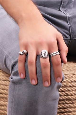 Erkek Antik Gümüş Kaplama Ayarlanabilir 3'Lü Yüzük Seti N11.11041 Gümüş