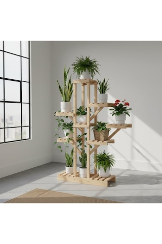 Ahşap Çok Katlı Çiçeklik Saksı Standı - 120 Cm Yükseklik 100 Cm Genişlik - Dekoratif Saksı Rafı Bej