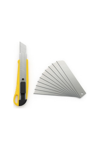 Profesyonel Maket Bıçağı, 10 Adet Yedek Paslanmaz Çelik Bıçaklı, 18 Mm Segmentli, Ergonomik Kaymaz Sarı Sap, Otomatik Kilit Mekanizmalı, Karton, Halı, Plastik, Kağıt Ve Deri İçin Çok Amaçlı Kesici.