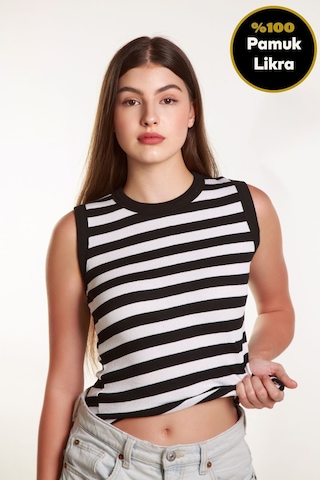 Kadın Siyah Beyaz Çizgili Fitilli Likralı Sıfır Kol Bisiklet Yaka Örme Atlet Tshirt Bluz Siyah - Beyaz