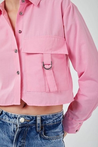 Mixray 4444 Kadın Apoletli Crop Gömlek Şeker Pembe
