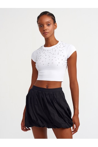 Dilvin Parlak Taşlı Crop Top Beyaz