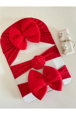 Masalbaby Kız Bebek Fiyonklu Bone Bandana Ve Saç Bandı - 3'lü Hediyelik Set Kırmızı