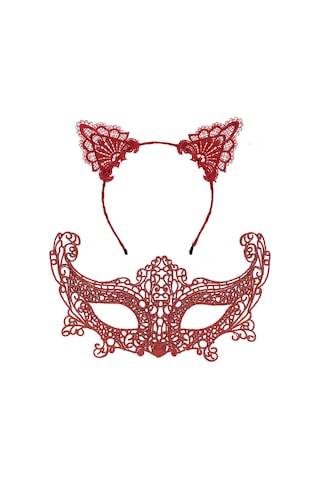 Romantik Kırmızı Dantel Maske Seti Kedi Kulaklı Taç Ve Maske 3 No Çok Renkli