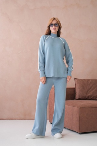 Kadın Dik Yaka Kazak Pantolon İkili Triko Takım Açık Mavi