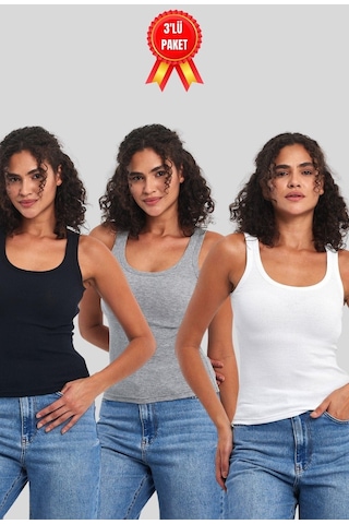 Comeor Kadın Siyah-gri-beyaz Fitilli Görünümlü Askılı Kalın 2'li Basic Atlet Bluz