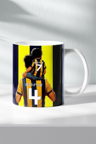 Sarı Lacivert Kişiye Özel, Taraftar Baba Oğul Tasarımlı Baskılı Hediye Kupa Bardak Lacivert