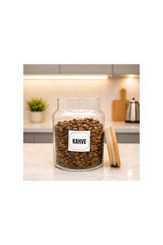 Ahşap Vakum Kapaklı Cam Saklama Kavanozu 800 Ml Kahve Etiketi Hediyeli Çok Renkli
