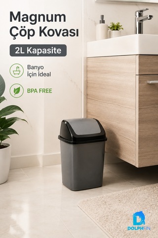 Magnum 2 Litre Sallanır Kapaklı Mini Çöp Kovası Masaüstü Banyo Mutfak Antrasit