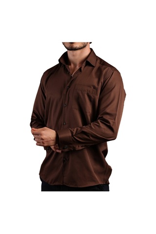 Kahverengi Büyük Beden Rahat Kesim Micro Kumaş Kol Düğmeli Regular Fit Erkek Gömlek - 190-11 001